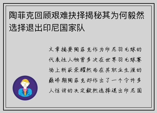 陶菲克回顾艰难抉择揭秘其为何毅然选择退出印尼国家队
